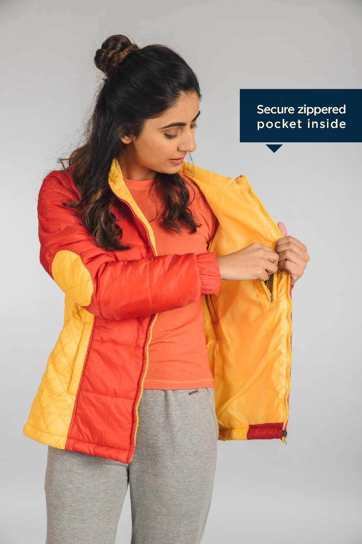 Red & Mustard Water Repellent Puffer Jacket | Women